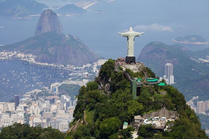 View of Christ the Redeemer, and city below, Rio, Brazil